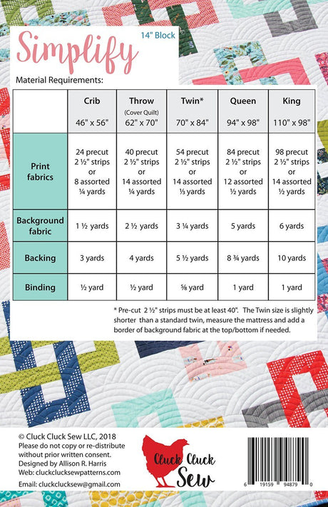 Simplify Quilt Pattern, Paper Pattern only CCS177 by Allison Harris for Cluck Cluck Sew