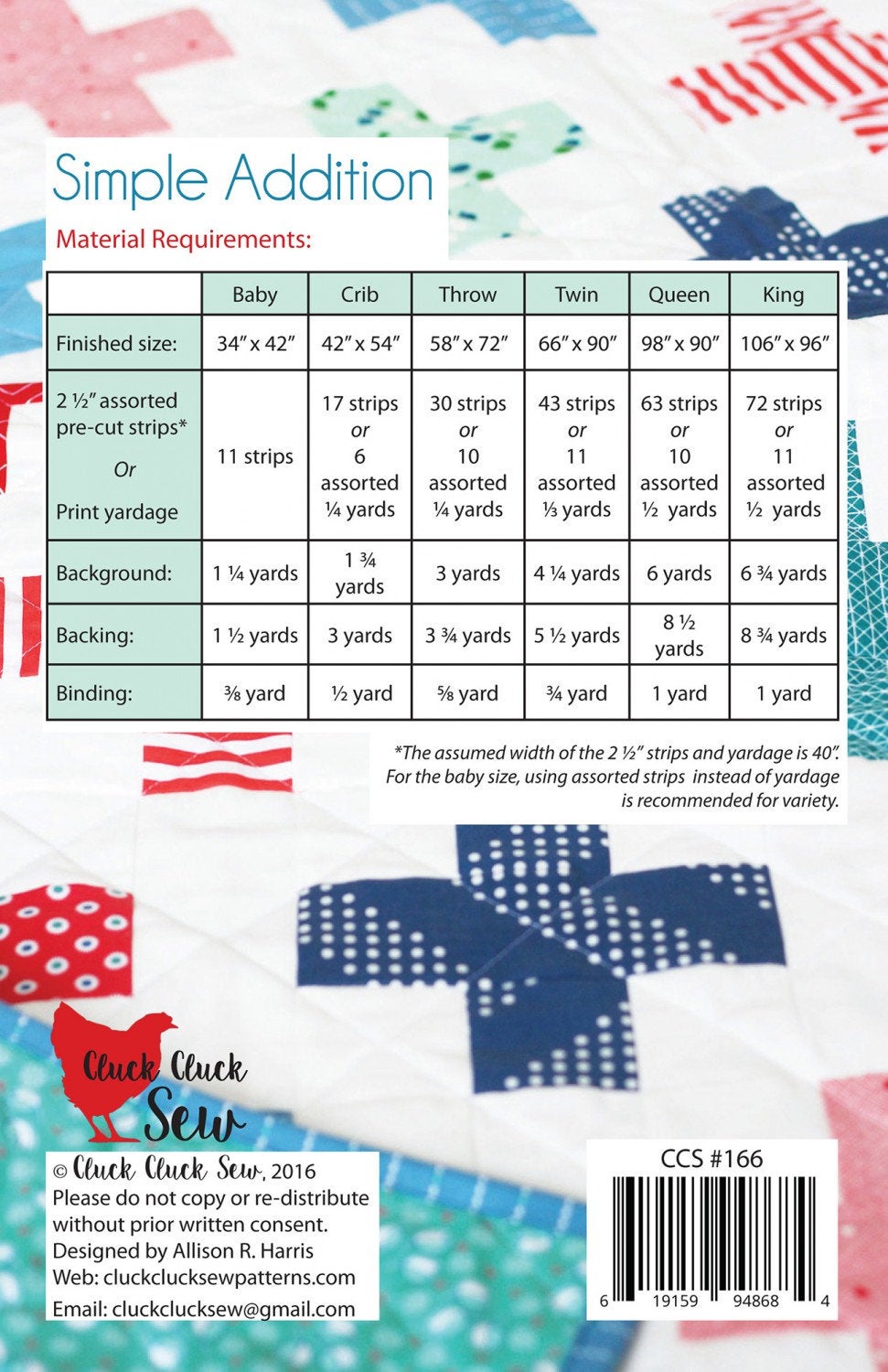 Simple Addition Quilt Pattern, Paper Pattern only CCS166 by Allison Harris for Cluck Cluck Sew