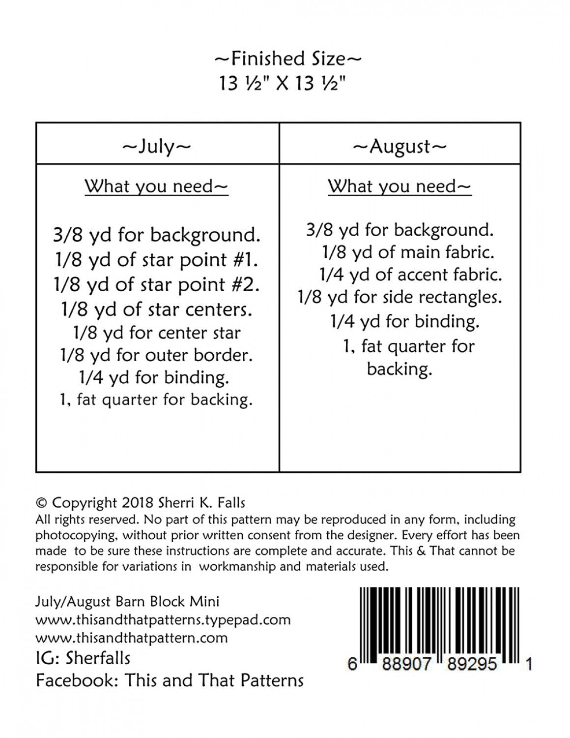 Barn Block Mini's July & August TAT330 From This and That by Sherri Falls