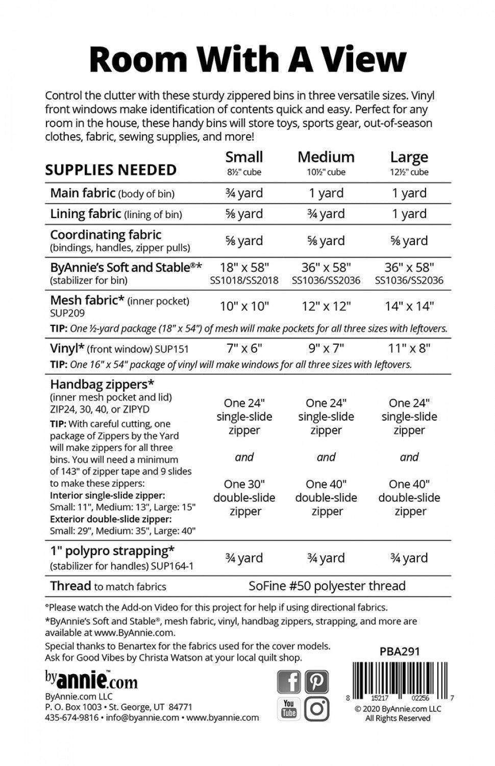 Room With A View PBA291 sewing Pattern by Annie