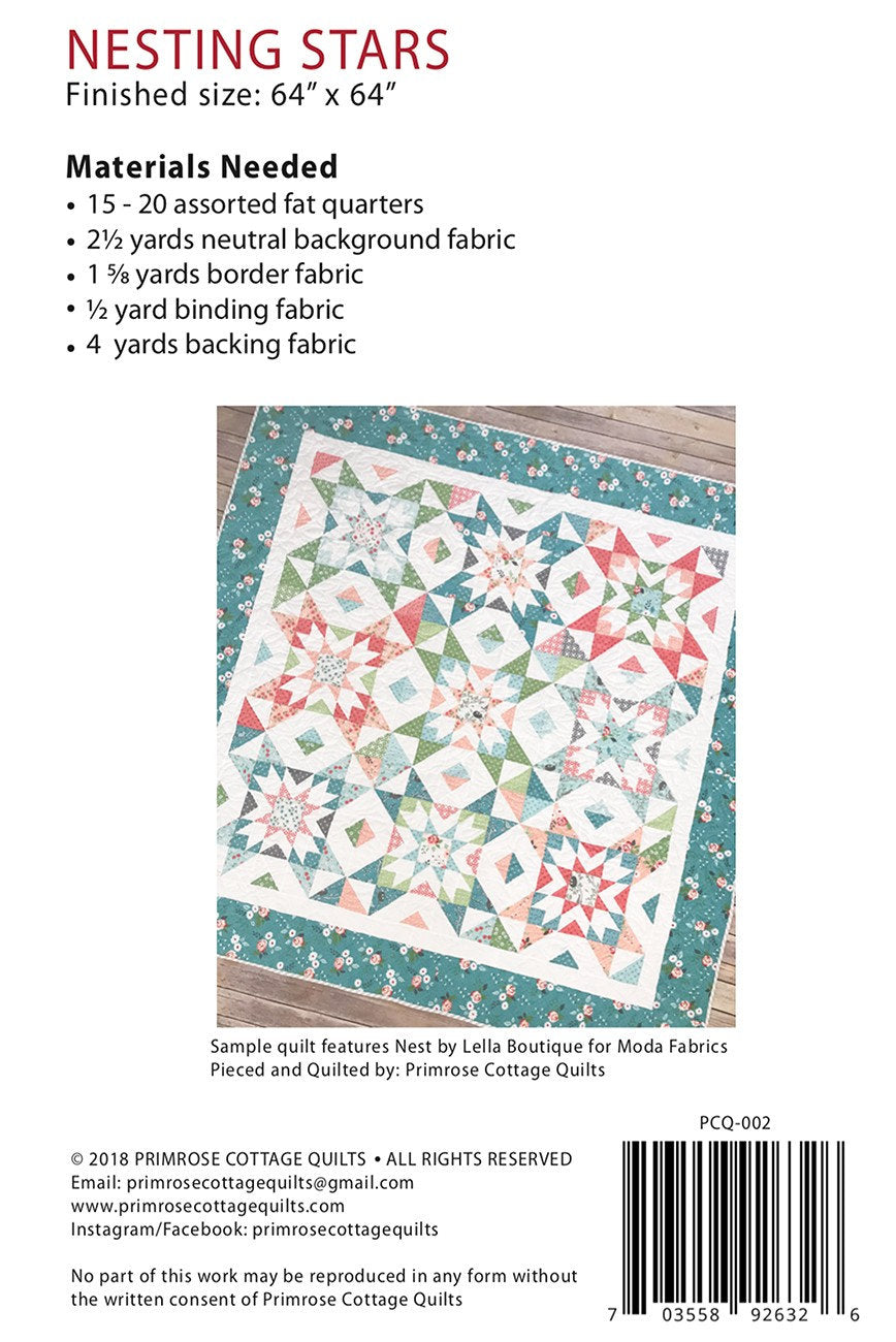Nesting Stars Printed Pattern only PCQ-002 by Primrose Cottage Quilts Fat Quarter Friendly