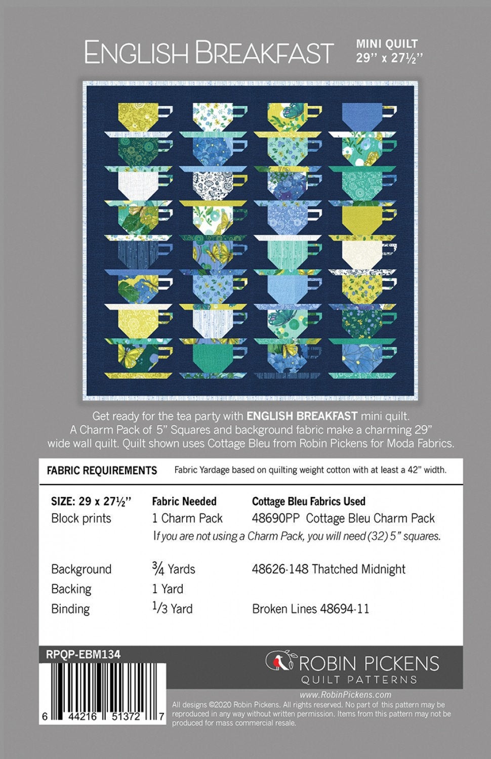 English Breakfast Mini Quilt Printed Pattern, by Robin Pickens RPQP-EBM134 Mini quilt sized at 29 x 27 1/2".