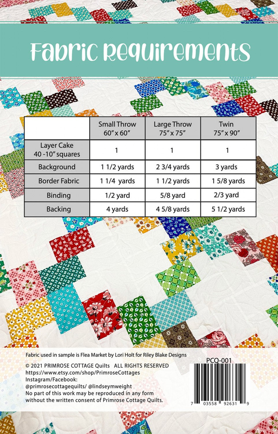 Layer Cake Lattice Printed Pattern only PCQ-001 by Primrose Cottage Quilts