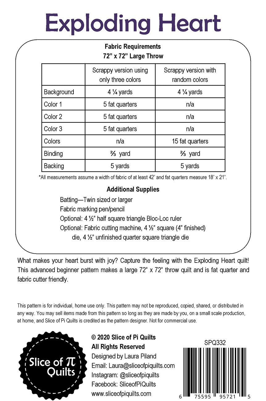 Exploding Heart SPQ332 from Slice of Pi Quilts Patterns 72 x 72
