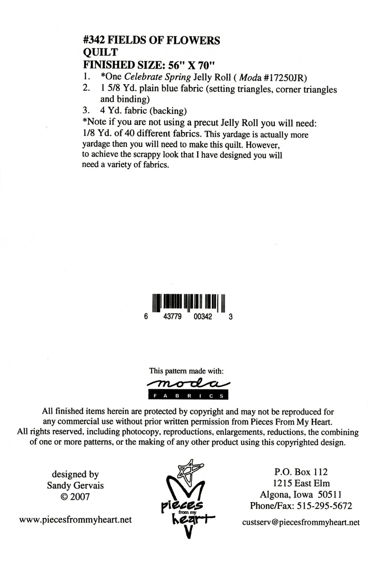 Fields of Flowers by Pieces of My Heart #342 Jelly Roll Friendly 56" x 70" Sandy Gervais