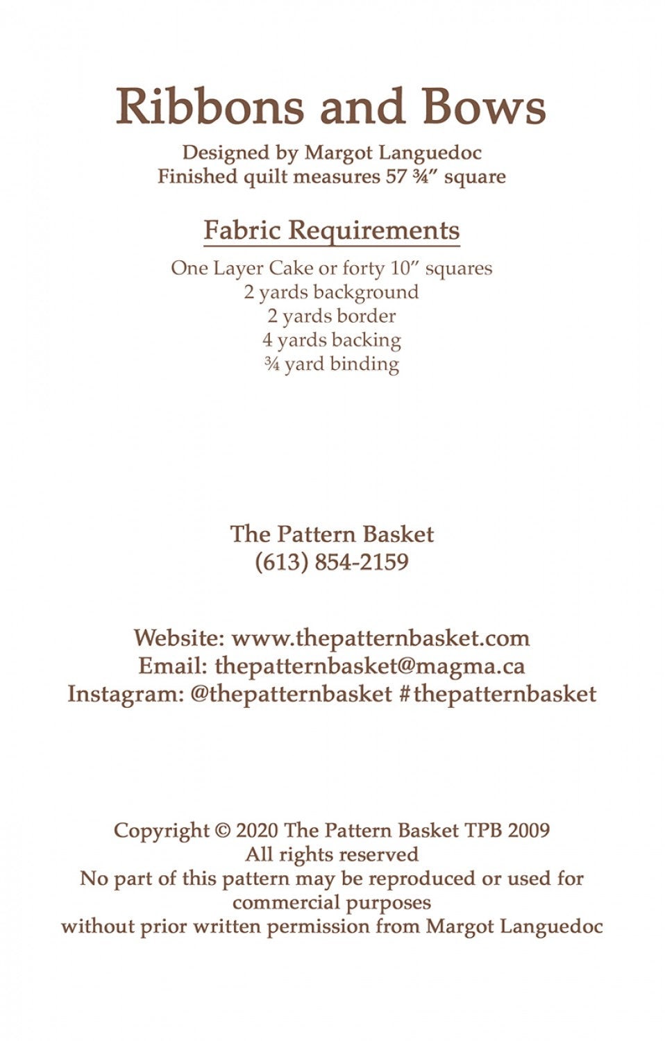 Ribbons and Bows Quilting Pattern Thimble Blossoms TPB2009