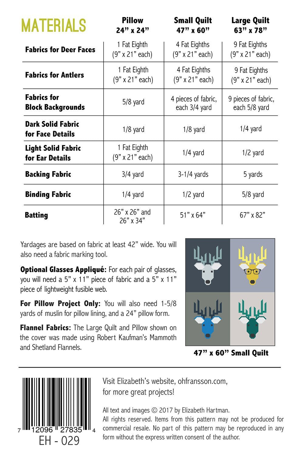 Dwight the Deer Quilt Pattern By Elizabeth Hartman Paper Pattern ONLY EH029