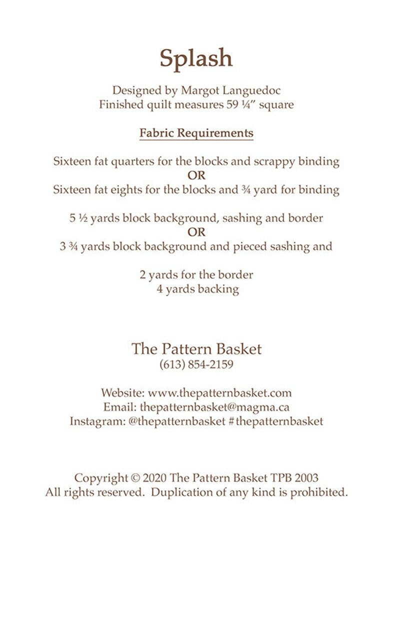 Splash Quilt pattern TPB2003 By The Pattern Basket, Margot Languedoc Designs Paper Pattern ONLY