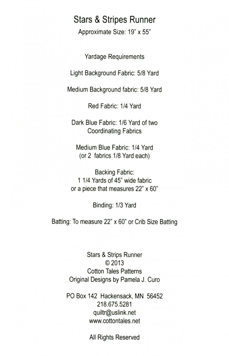 Stars & Stripes Runner CT477 for Cotton Tales by Pamela Curo. 19 x 56