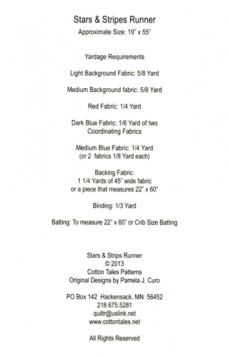 Stars & Stripes Runner CT477 for Cotton Tales by Pamela Curo. 19 x 56