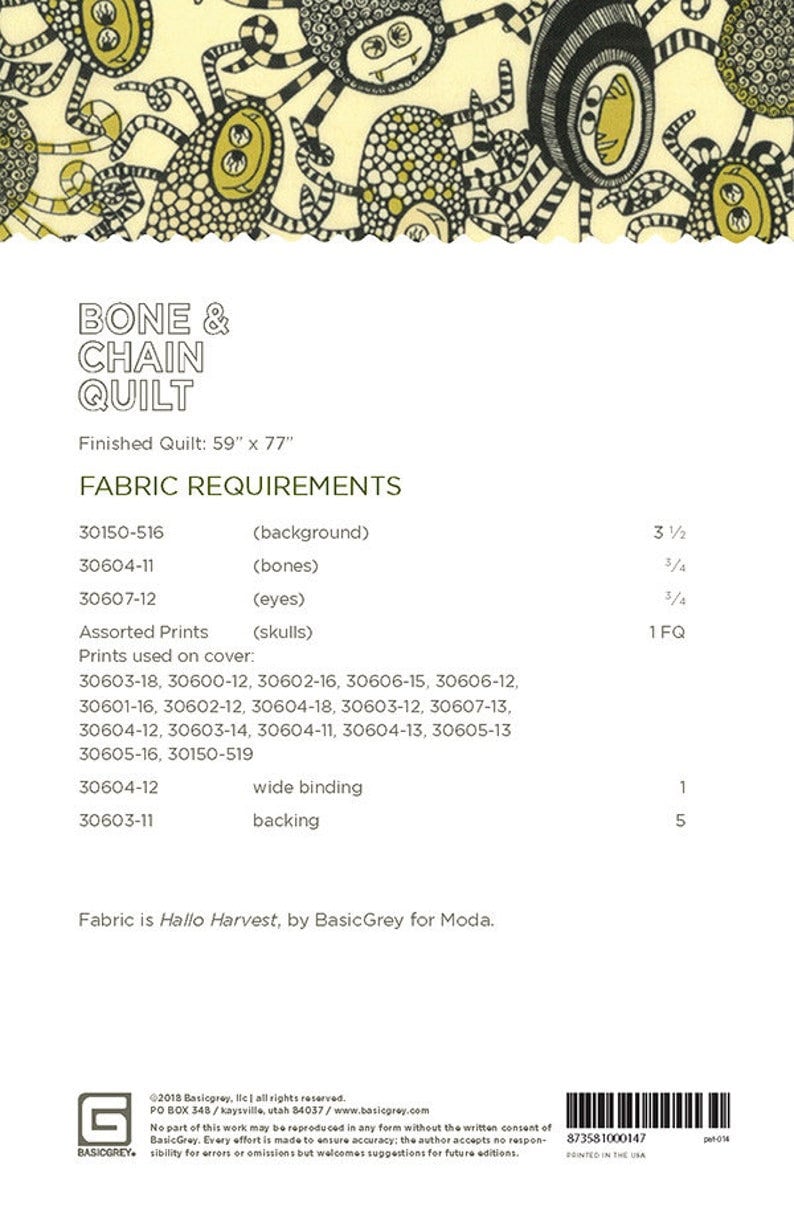 Bone and Chain Quilt Pattern Paper Only PAT014 Basic Grey, 59" x 77"