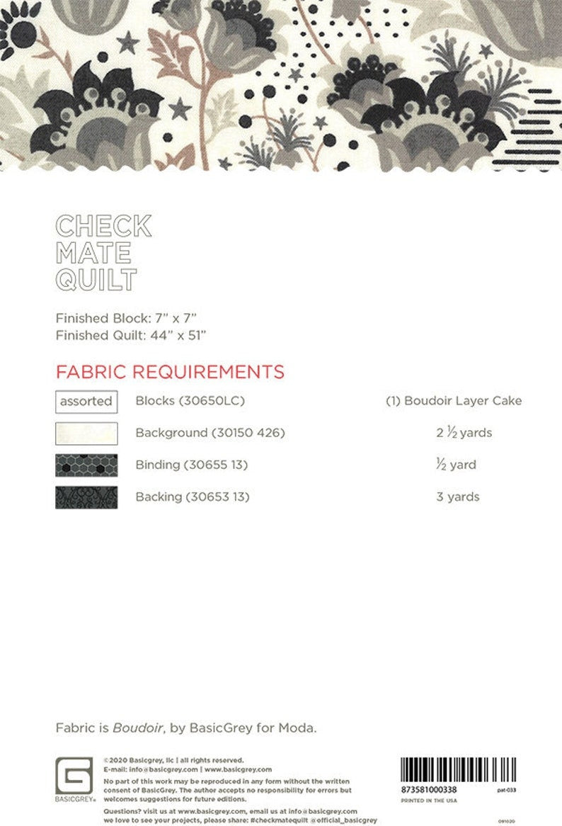 Checkmate Quilt Pattern Paper Only PAT033 Basic Grey, 44" x 51"