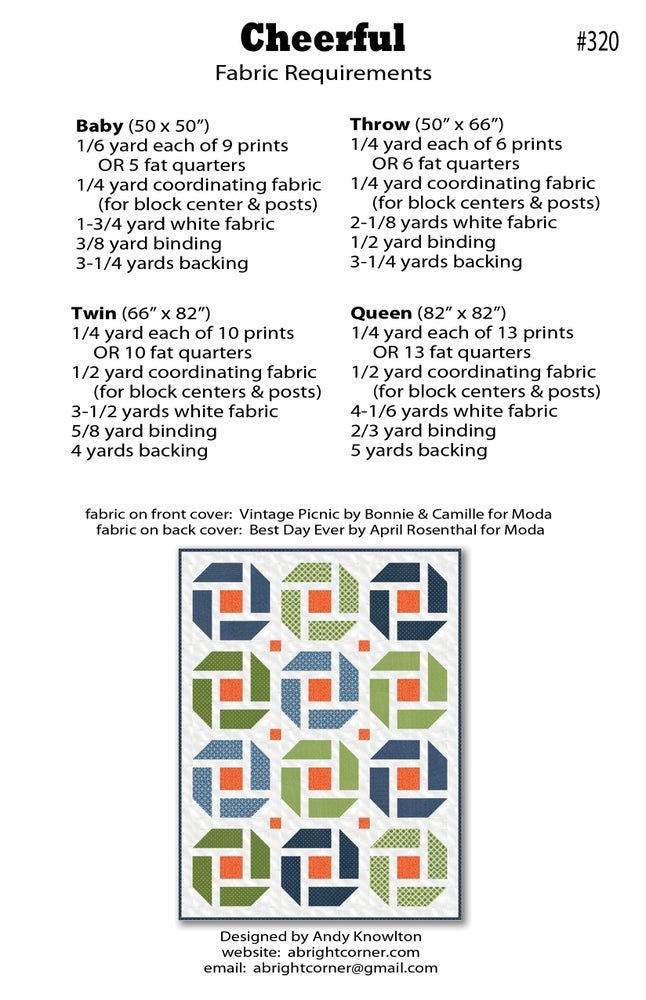 Cheerful Quilt Pattern by A Bright Corner Quilts ABC-320, Multiple Sizes