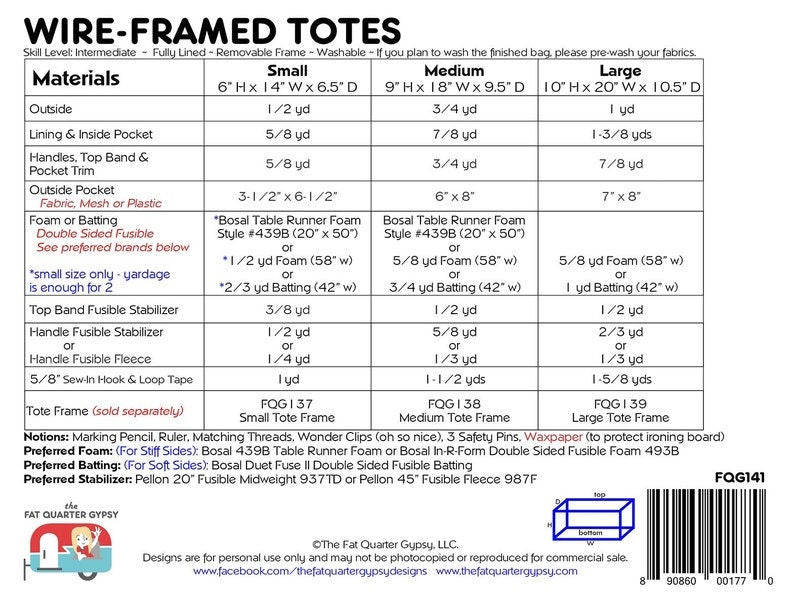 Wire Framed Tote Pattern # FQG141 from the Fat Quarter Gypsy - Does NOT include wire!