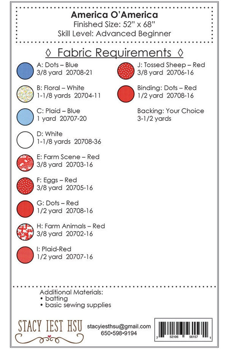 America O' America Quilt Pattern by Stacy Iest Hsu 52" x 68"
