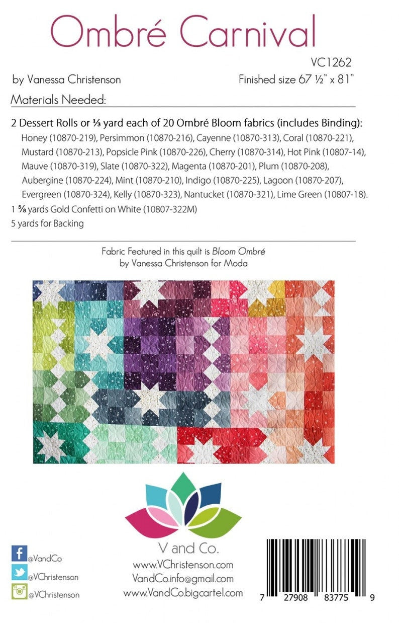 Ombre Carnival quilt pattern VC1262 By V and Co. Paper Patter ONLY Finished Size 67 1/2 x 81 inches