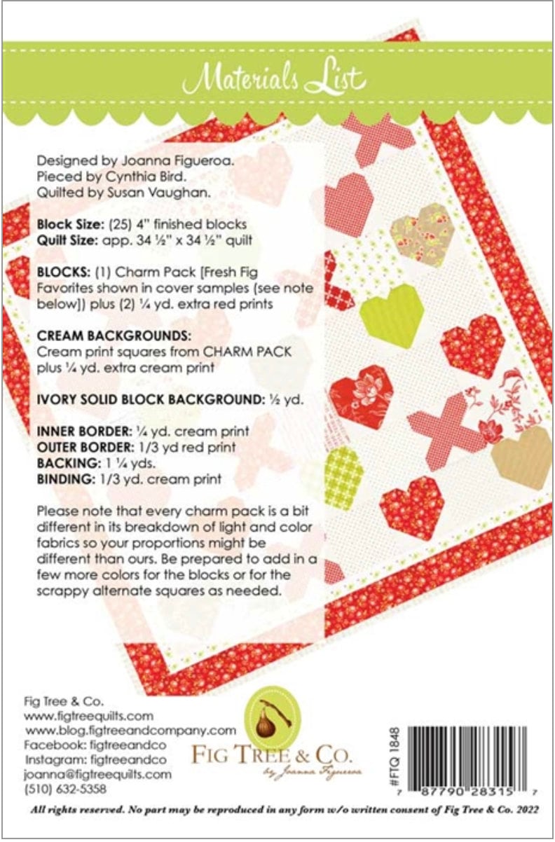 Charm Pack Hearts Printed Pattern 34 1/2 x 34 1/2 quilt size by Fig Tree and Co. FTQ1848