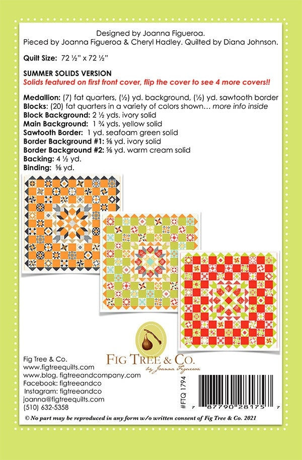 Medallion Sampler Quilt Pattern by Fig Tree Quilts, Paper Only 72 1/2 x 72 1/2 inches
