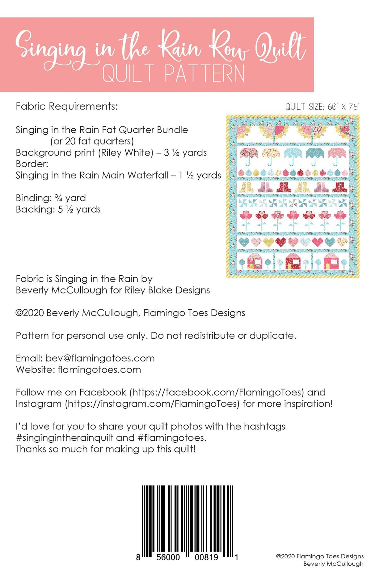 Singing in the Rain Quilt Pattern Beverly McCullough Paper Pattern only 59" x 73"