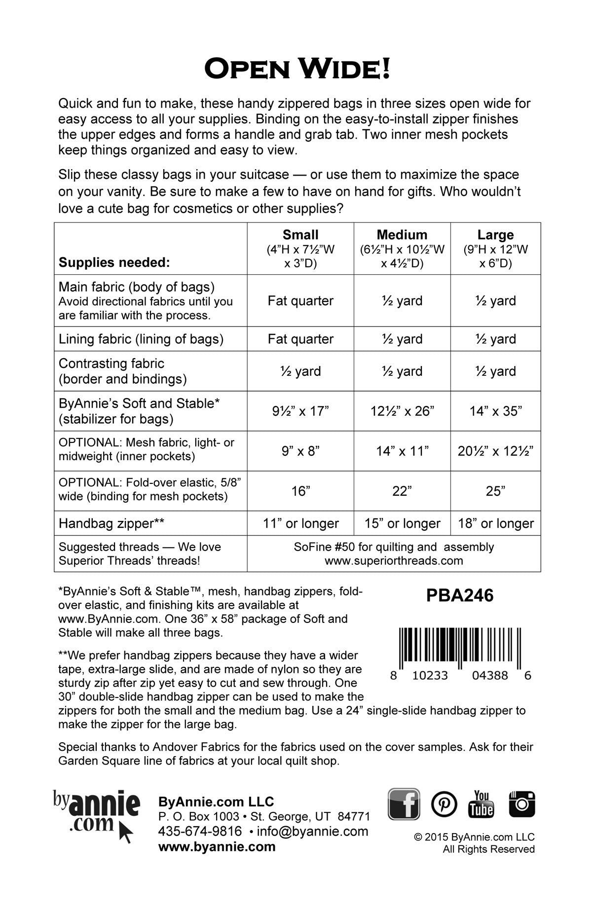 Open Wide PBA246 sewing Pattern by Annie