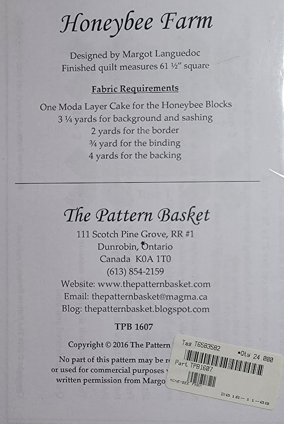 Honey Bee Farm Quilt Pattern TPB1607 by The Pattern Basket, Margot Designs Paper Pattern ONLY