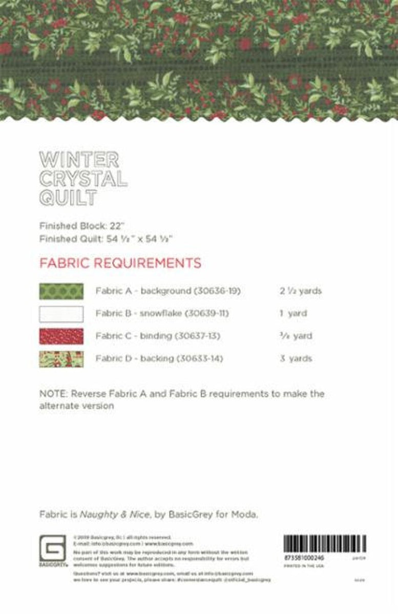 Winter Crystal Quilt Pattern Paper Only PAT024 Basic Grey, 54 1/2" x 5 Starlit Quilts