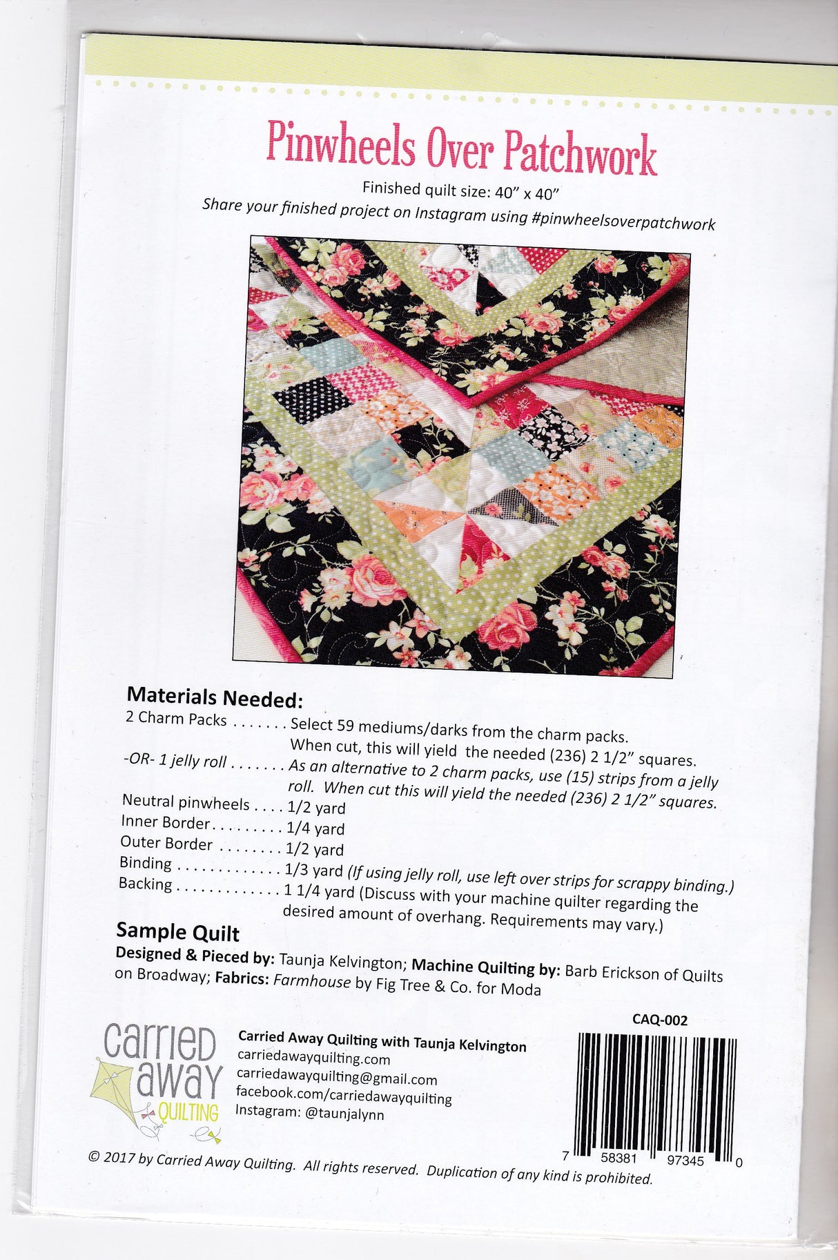 Pinwheels Over Patchwork Quilt Pattern by Carried Away Quilting CAQ-002, Finished Size 40" x 40"