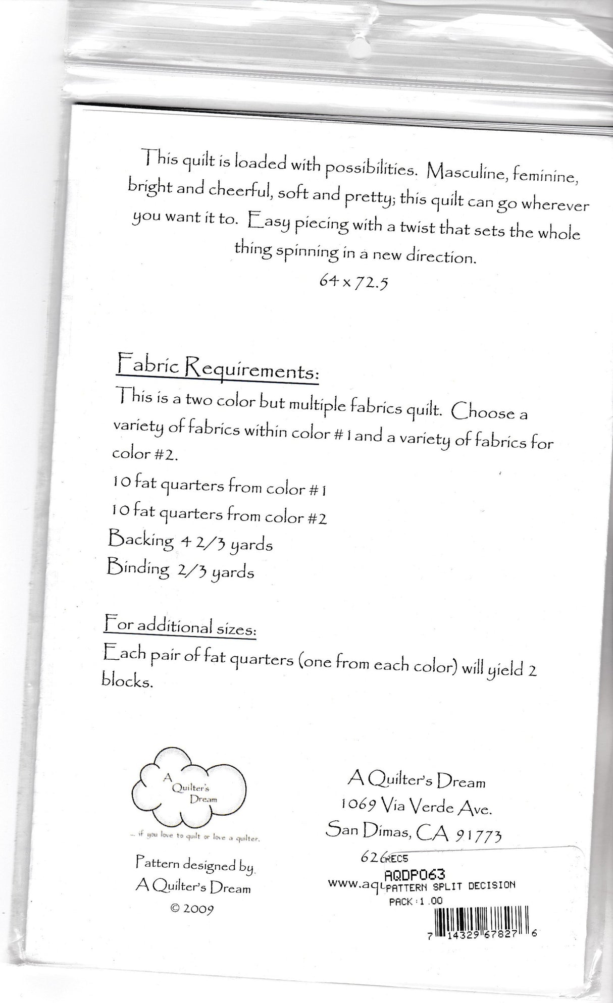 Split Decision Quilt Pattern by A Quilter's Dream AQDP063