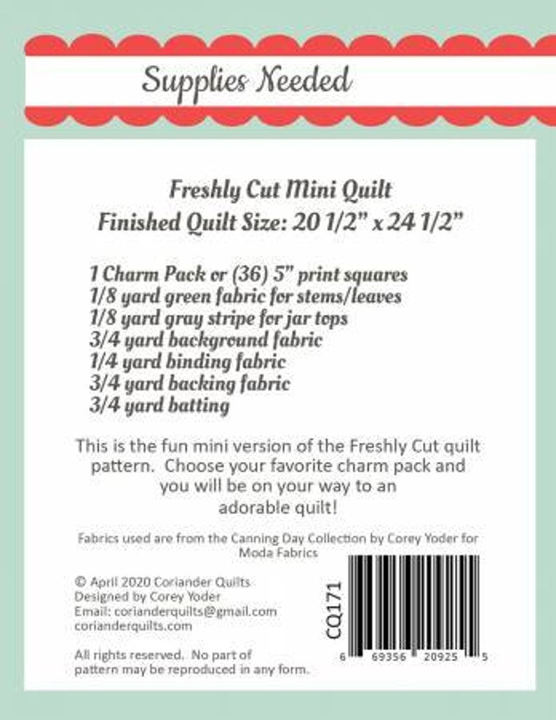 Freshly Cut Mini Quilt Pattern by Coriander Quilts CQ171 Bin MP