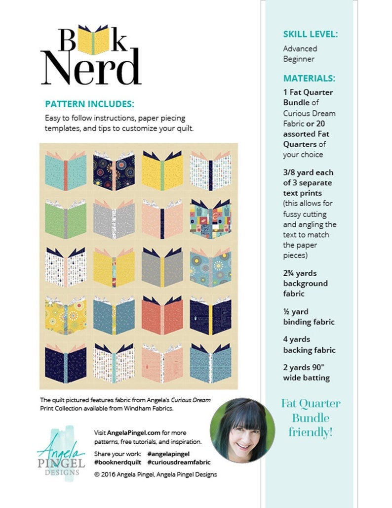 Book Nerd Quilt pattern PAPER PATTERN-only By Angela Pingel Designs Finished Size 54" x 66"