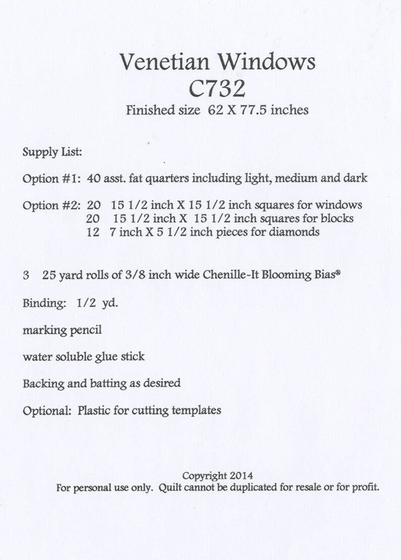 Venetian Windows Quilt pattern #C-732 - PAPER PATTERN-only By Blooming Bias Finished Size 62" x 77 1/2"