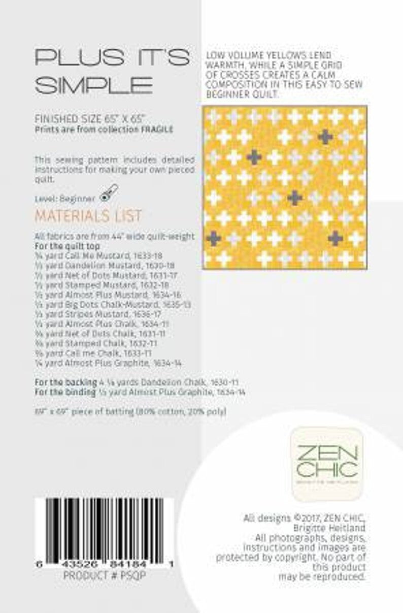 Plus It's Simple - Printed PATTERN only By Zen Chic Quilt size is 65 inches x 65 inches