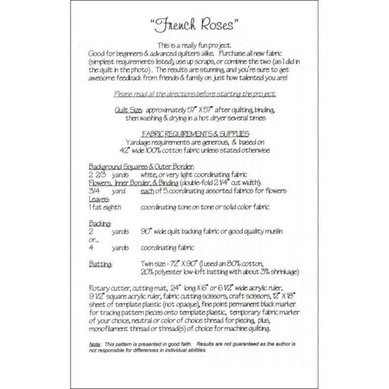 French Roses Quilt Pattern by Heather French,  Finished size 57 inches x 57 inches