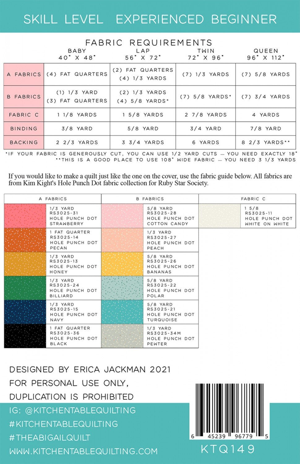 The Abigail Quilt Pattern KTQ146 by Erica Jackman for Kitchen Table Quilting (baby, lap, twin and Queen sizes)