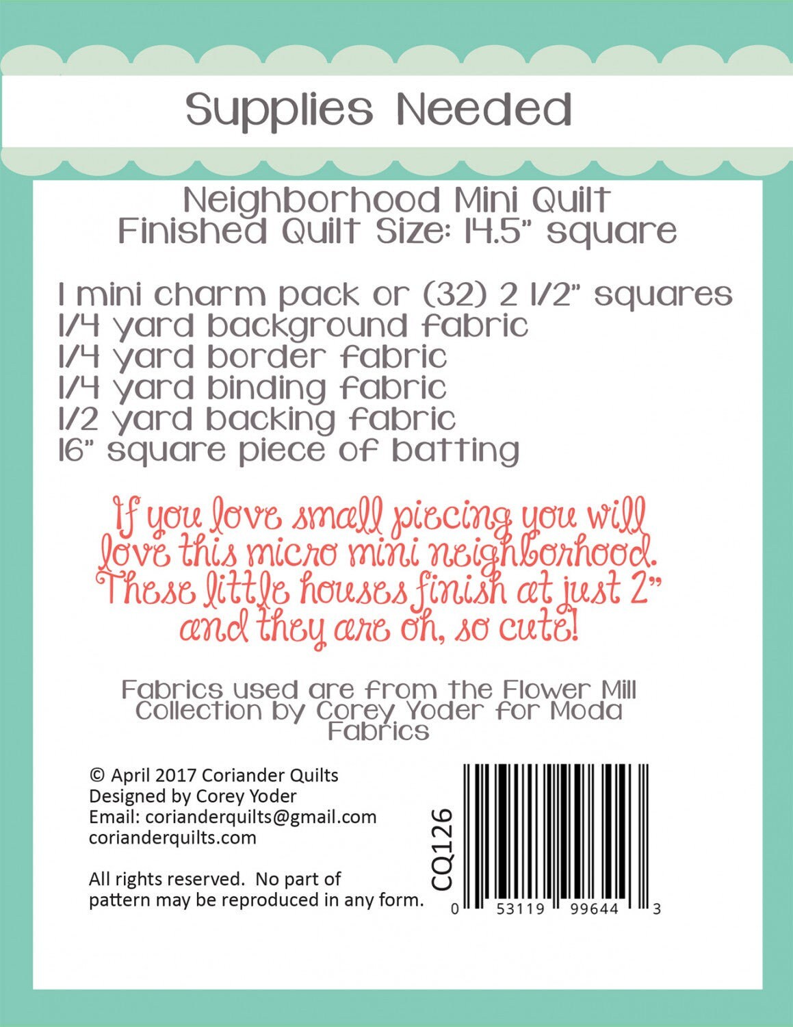 Neighborhood Mini Quilt Pattern by Coriander Quilts CQ126 Bin MP