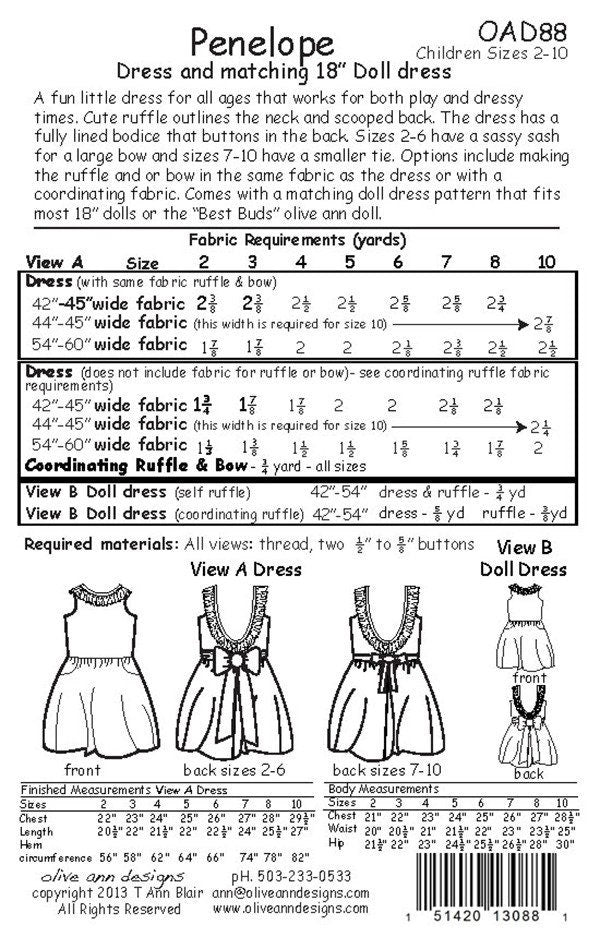 Penelope Dress and Matching Doll Dress Sewing Pattern by Olive Ann Designs Size 2-10