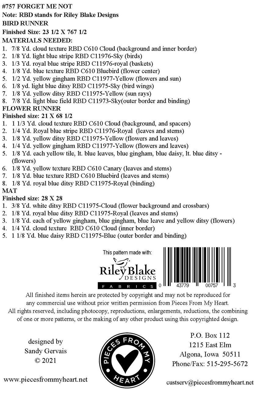 For Get Me Not Quilt Pattern - Printed Pattern Only # PM757 From Pieces From My Heart By Gervais, Sandy