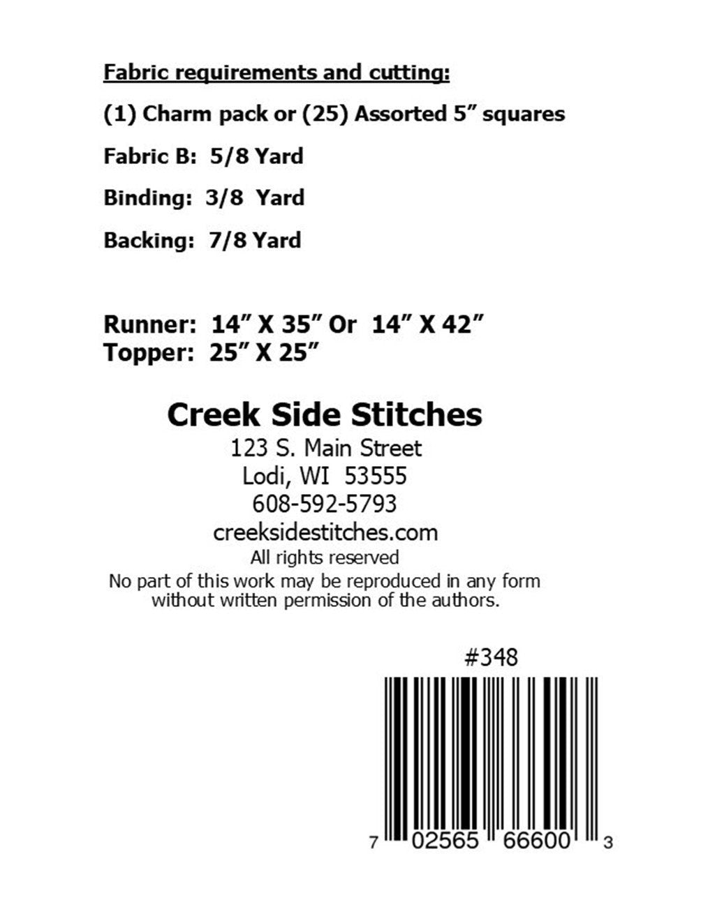 Quarters All In Table Runner or Table Topper Pattern CSS348 by Creek Side Stitches
