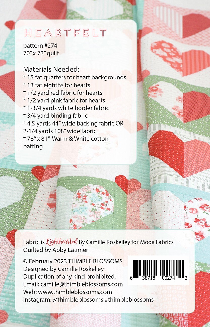 Heartfelt Printed Quilt Pattern - 76” x 76" - Thimble Blossoms by Camille Roskelley TBL274 70" x 73"