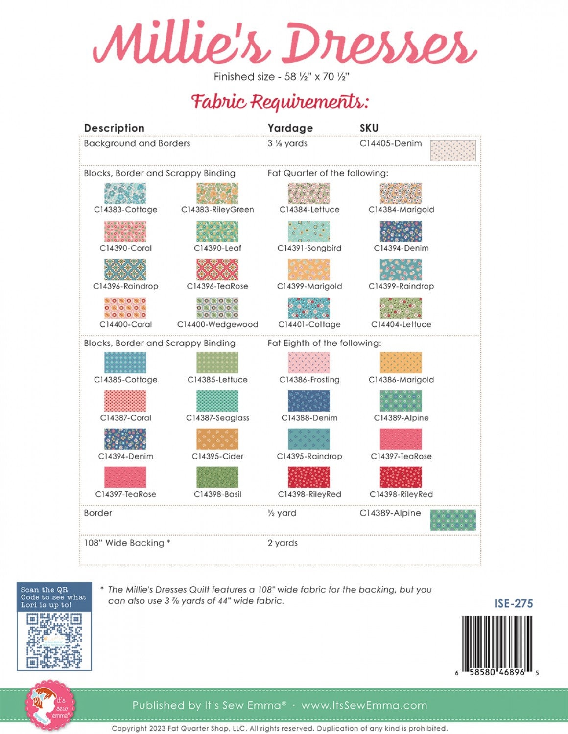 Millie's Dresses Quilt Pattern ISE-275, By Lori Holt of Bee in My Bonnet. Finished sizes: 58.5" x 70.5"