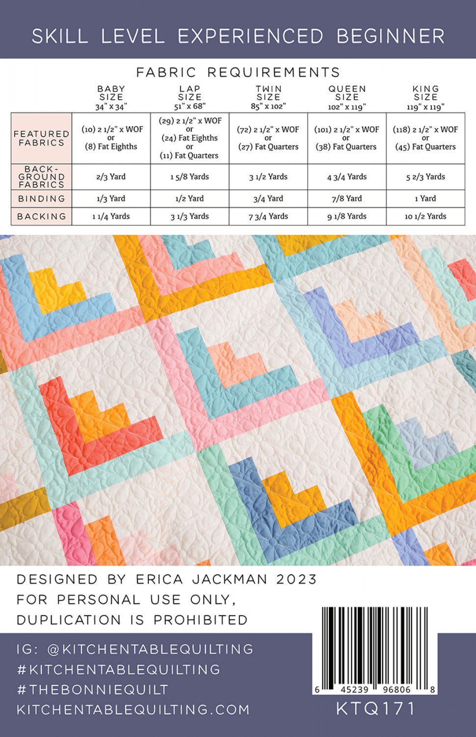 The Bonnie Quilt Pattern KTQ171 by Kitchen Table Quilting (baby, lap and twin, Queen and King)