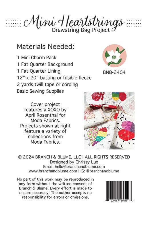 Mini Heartstrings Drawstring Bag Pattern BNB 2404 by Chrissy Lux for Sew Lux Fabric 6"x 6" x 2"