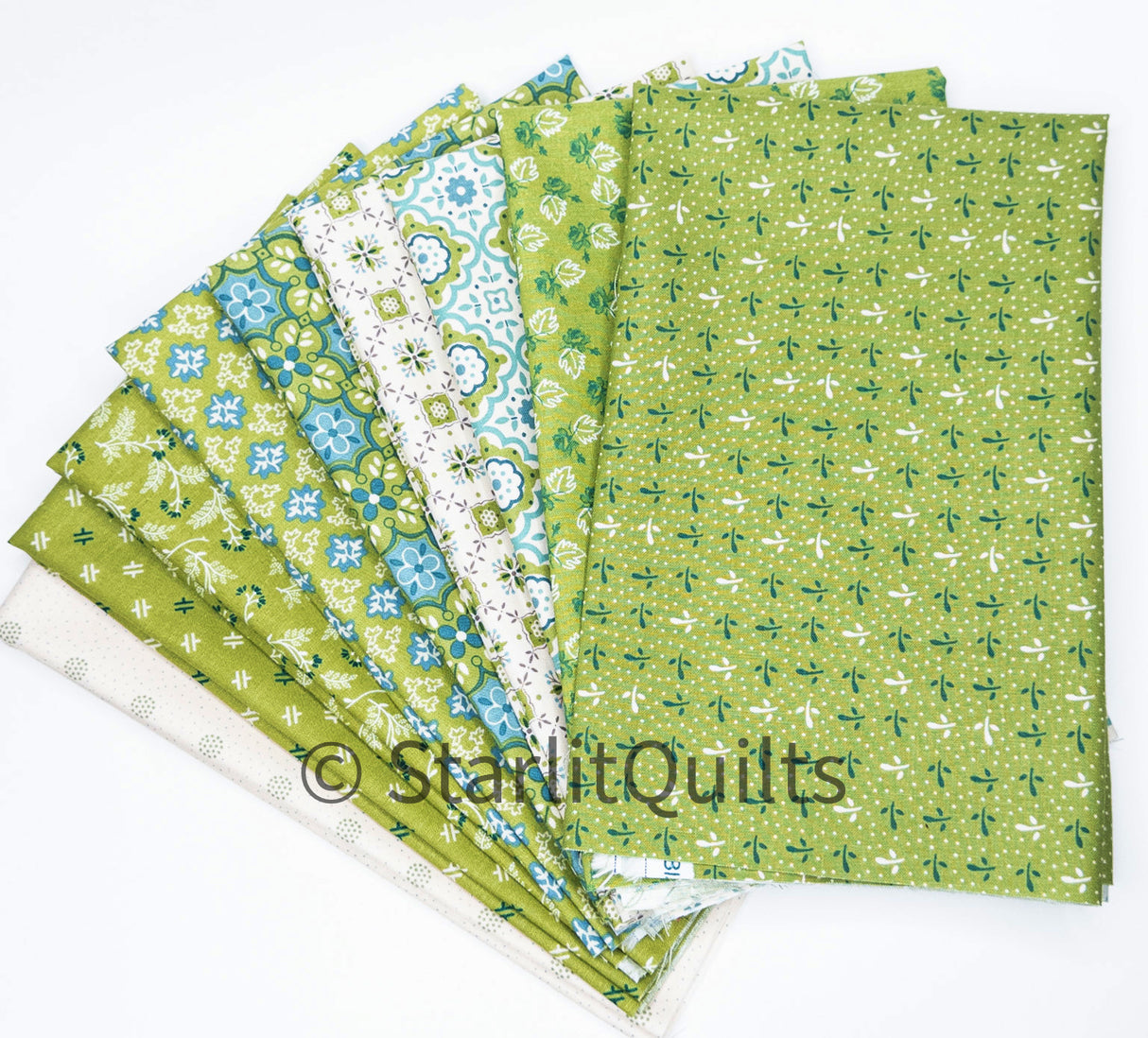 Piece and Plenty Basil Color Bundle includes 9 Fat Quarters Custom Cut by Starlit Quilts