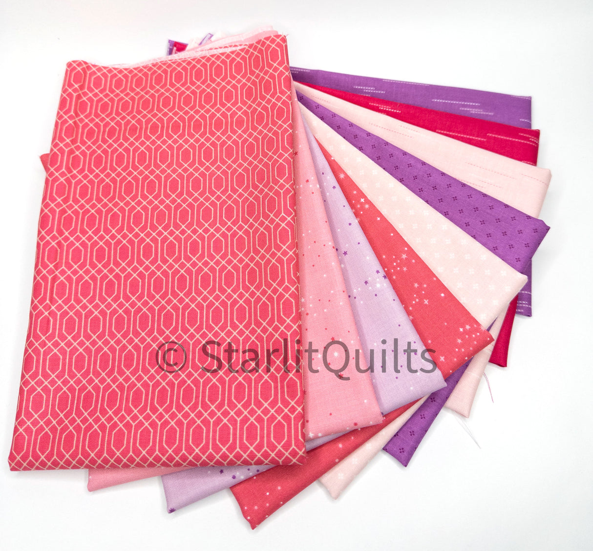 Essence Pinks and Purpe Color Bundle includes 9 Fat quarters by Fran Gulick of Cotton and Joy for Riley Blake