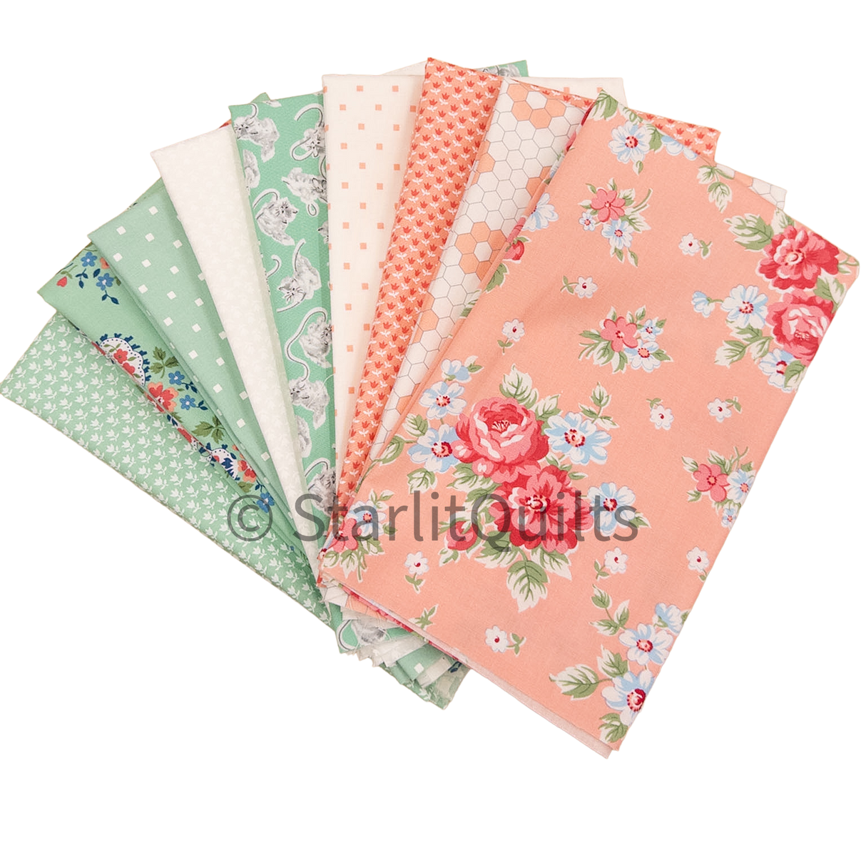 A Cat Named Stitch Light Pink and Mint colorway Includes 9 Fat Quarters