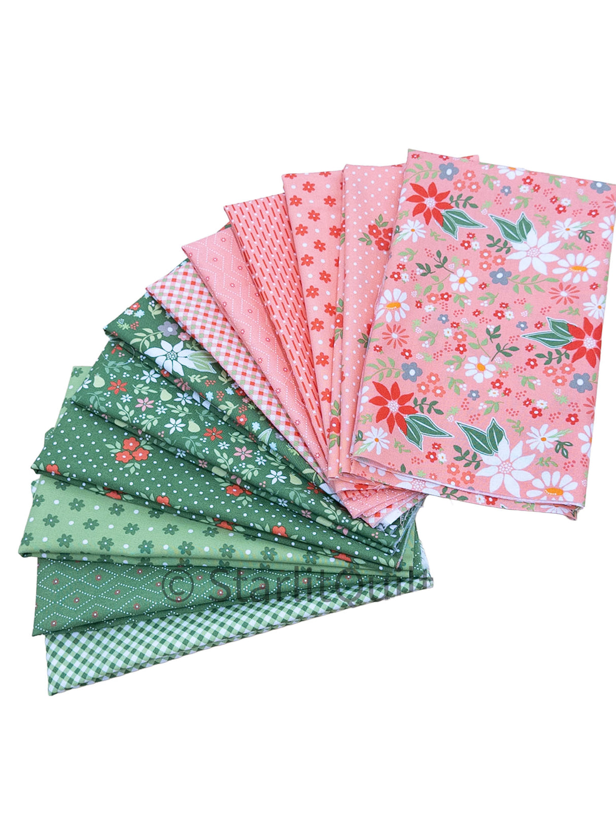 Poinsettia and Pear Pink and Pine  Colorway Bundle includes 12 Fat Quarters