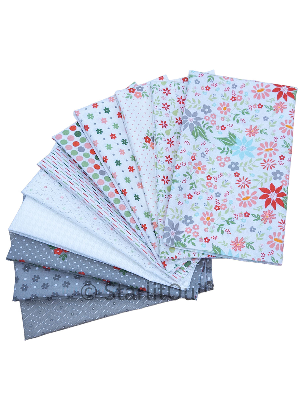 Poinsettia and Pear Whites and Gray Colorway Bundle includes 11 Fat Quarters