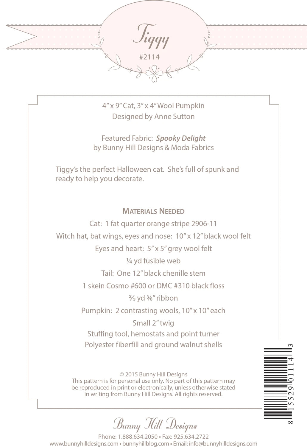 Tiggy Pattern by Bunny Hill Designs BHD2114 Printed Pattern Only