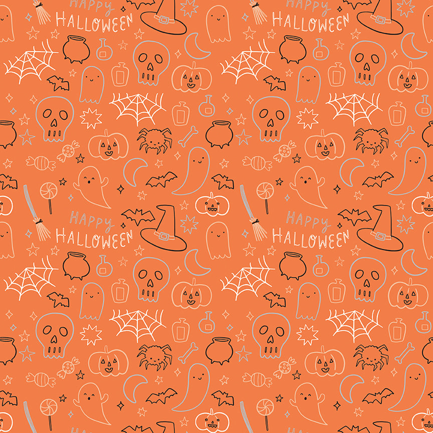 Frank and Friends Halloween Icons Orange Yardage C17476-ORANGE Sold In 1/2 Yard Increments Cut Continuously