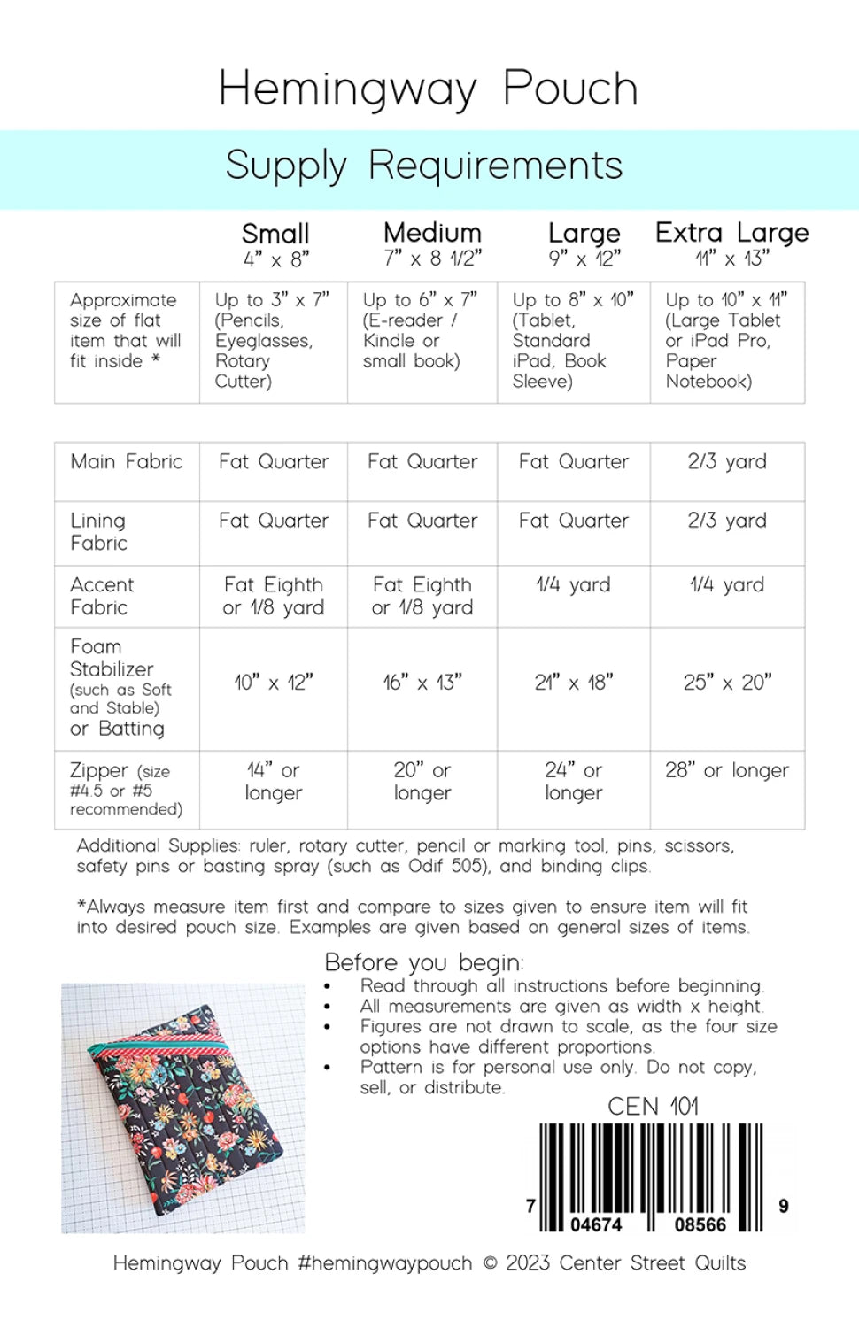 The Hemingway Pouch Pattern CSQ101 by Center Street Quilts, Multiple Sizes